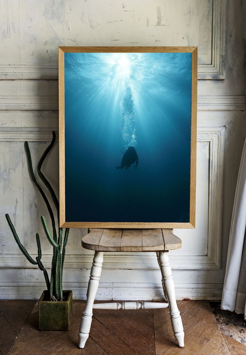 Underwater Diver Sunbeam Poster. — room view 1