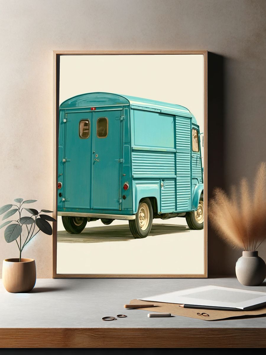Vintage Blue Delivery Van Poster. — room view 2