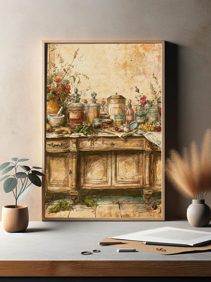 Vintage Apothecary Still Life Poster. — room view 2