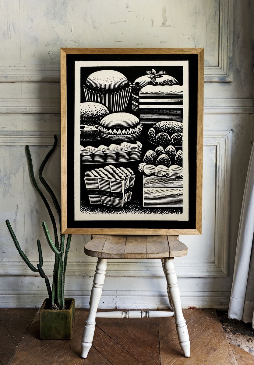 Vintage Cake Cuts Black-White Print. — room view 1