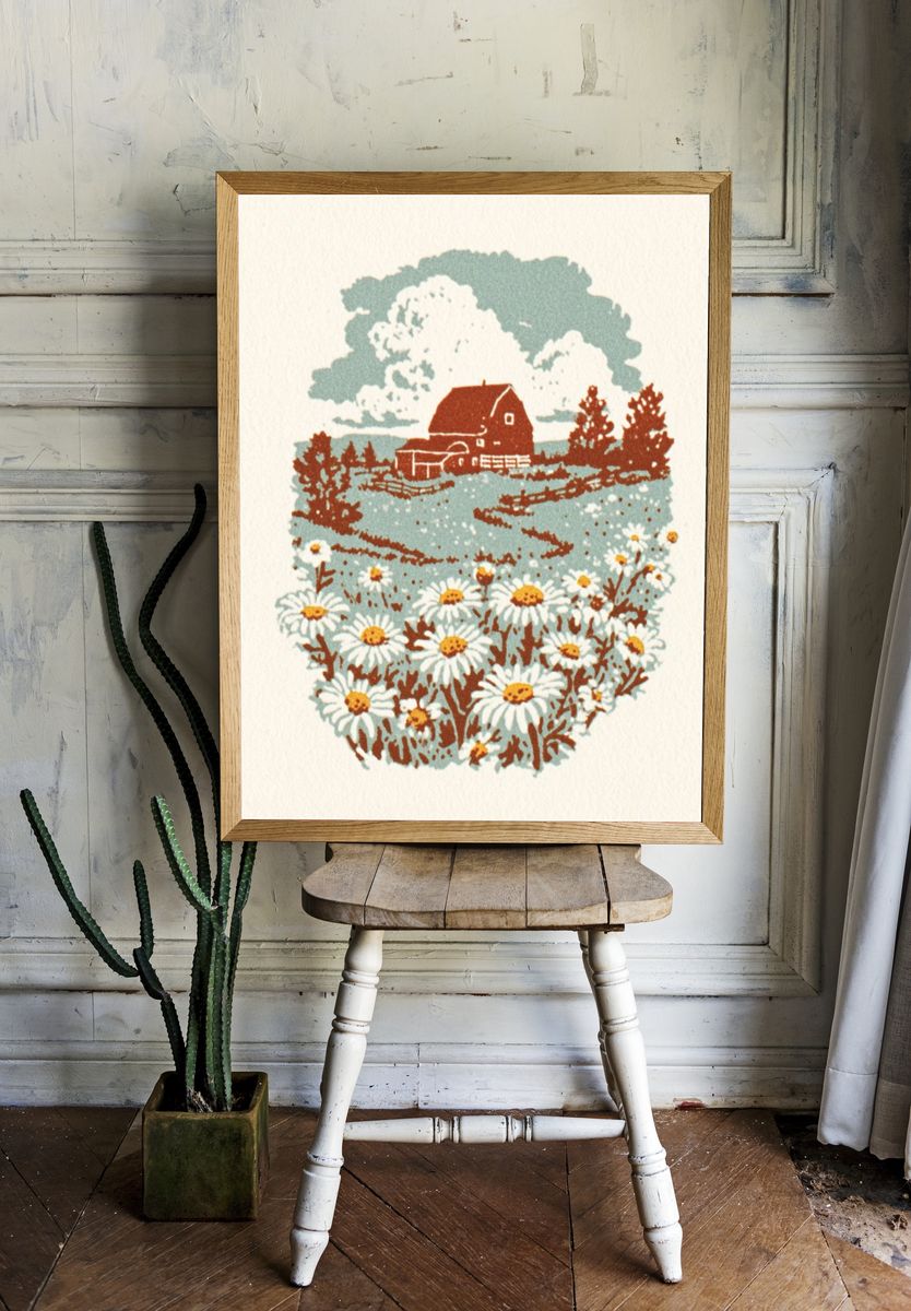 Daisy Field with Barn — Vintage Print. room preview
