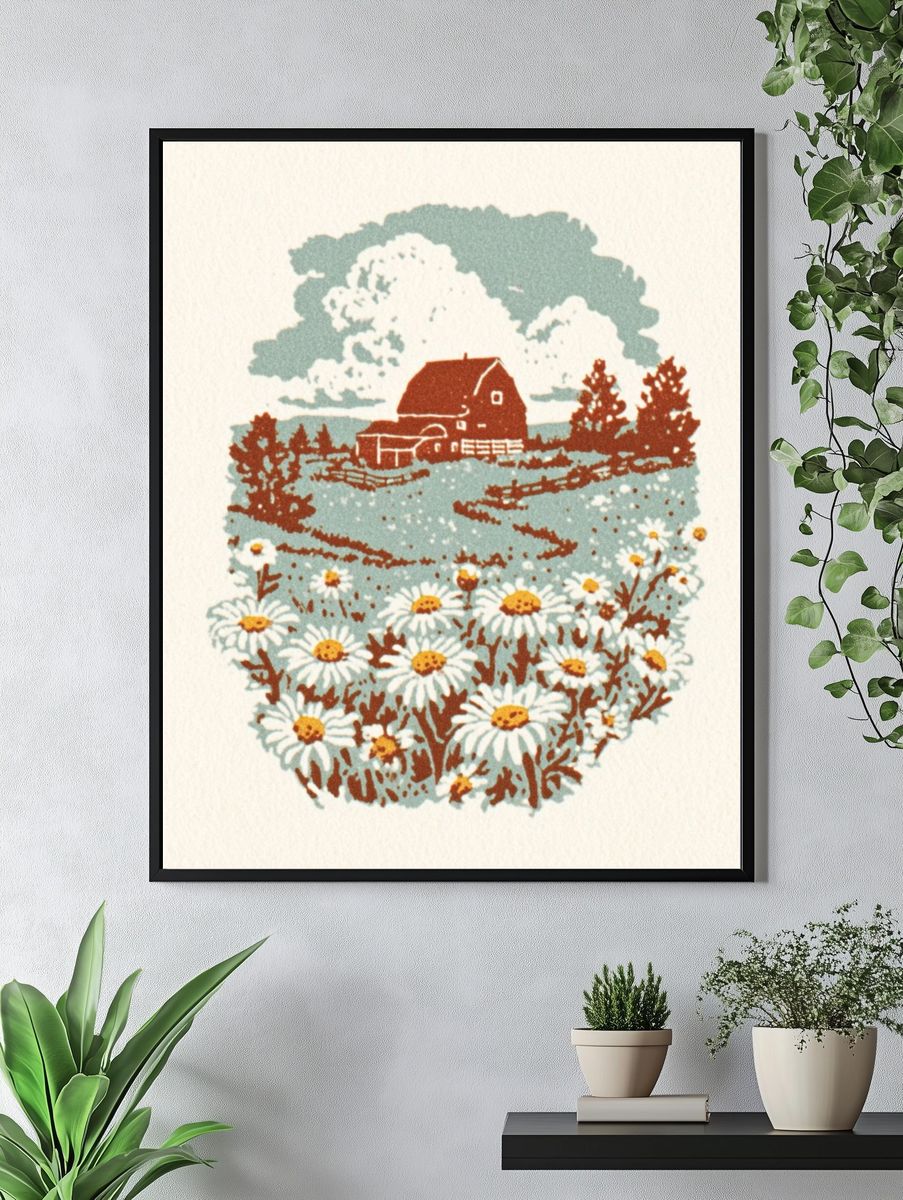 Daisy Field with Barn — Vintage Print. — room view 4