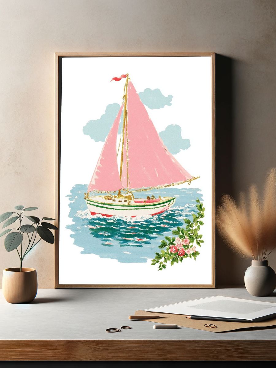 Sailing Boat with Pink Sails — Vintage Print. — room view 2