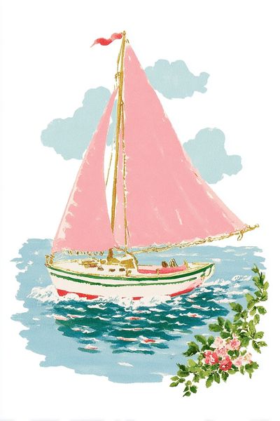 Sailing Boat with Pink Sails — Vintage Print
