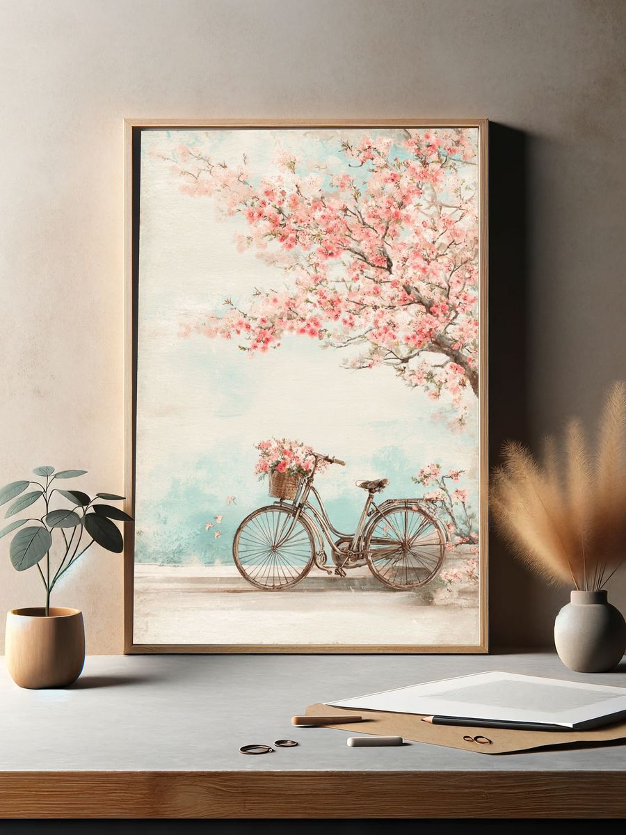 Bicycle with Cherry Blossoms — Vintage Print. — room view 2