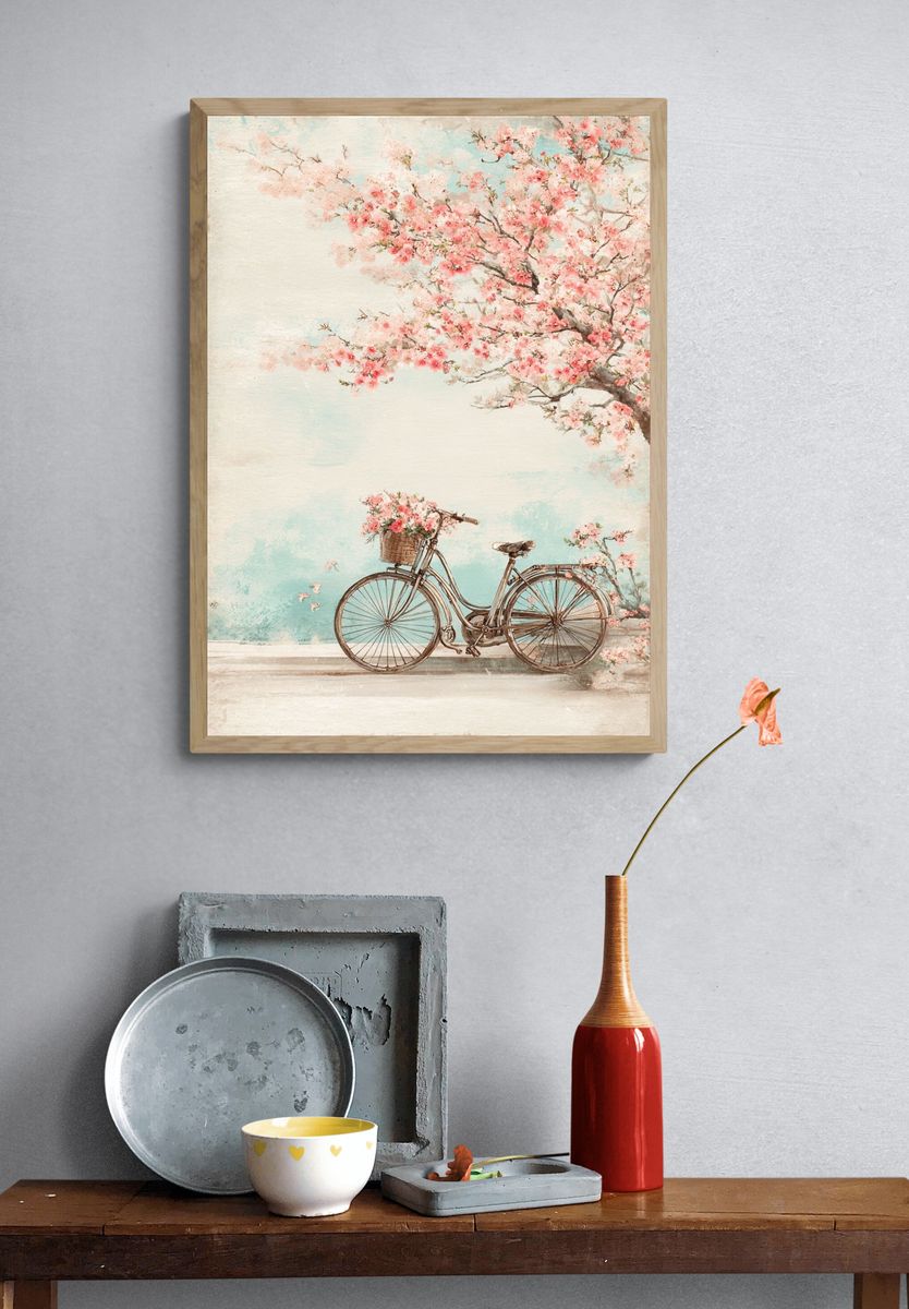 Bicycle with Cherry Blossoms — Vintage Print. — room view 3