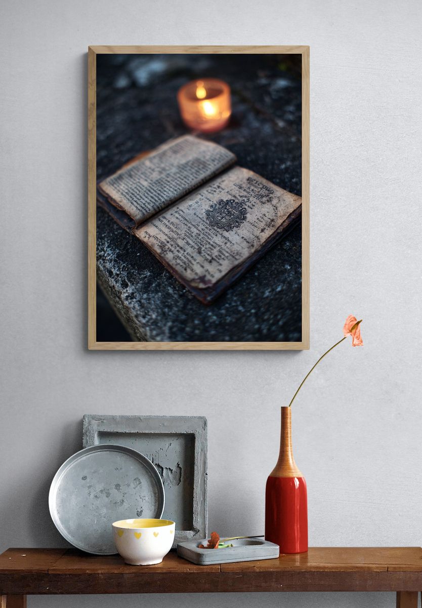Vintage Book with Candlelight — Photography Print. — room view 3