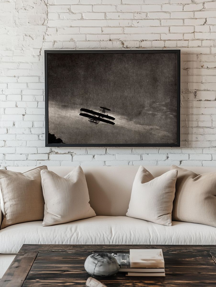 Vintage Biplane in Flight — Black-White Print. — room view 1