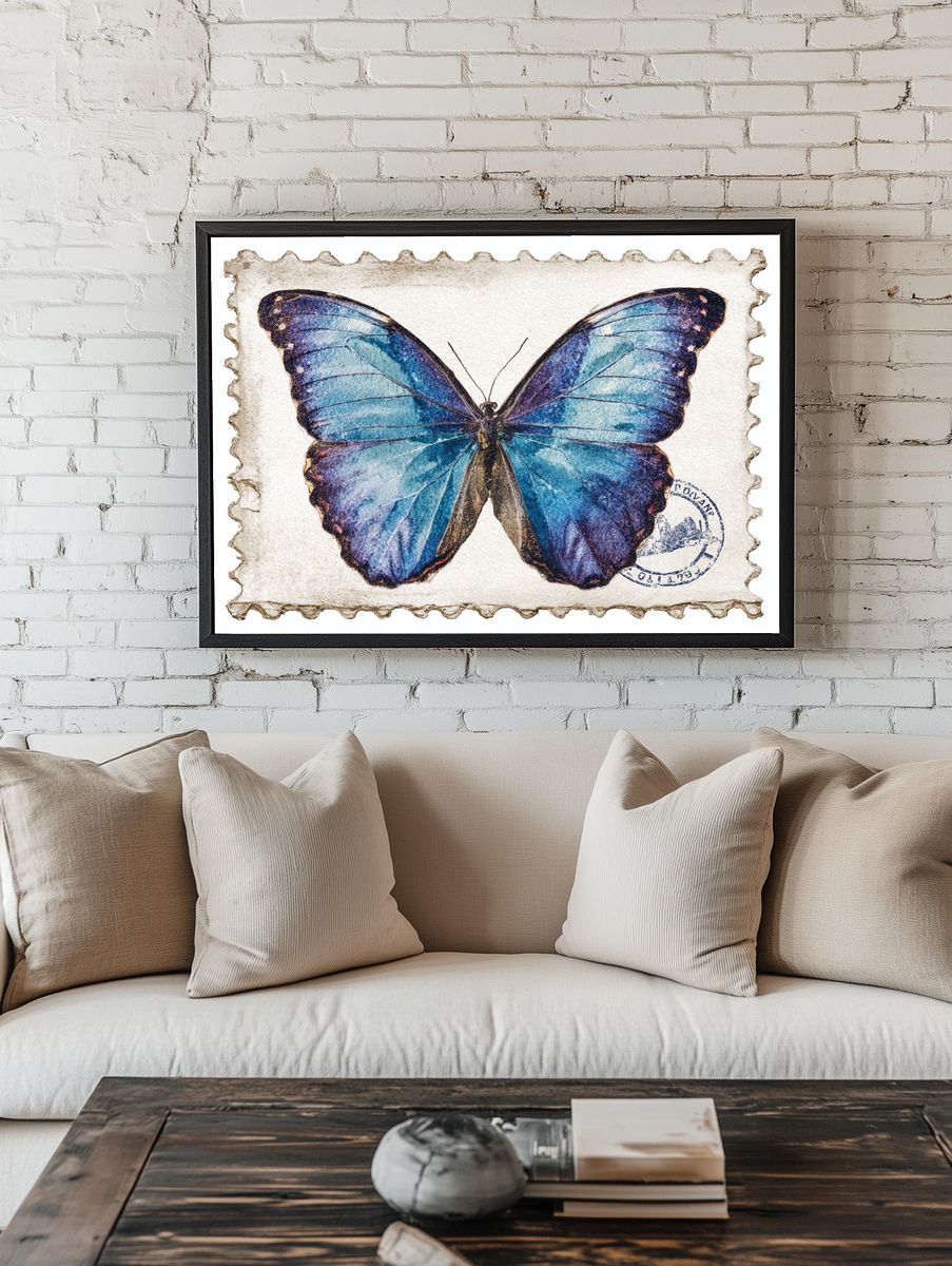Blue Butterfly Vintage Print. room preview