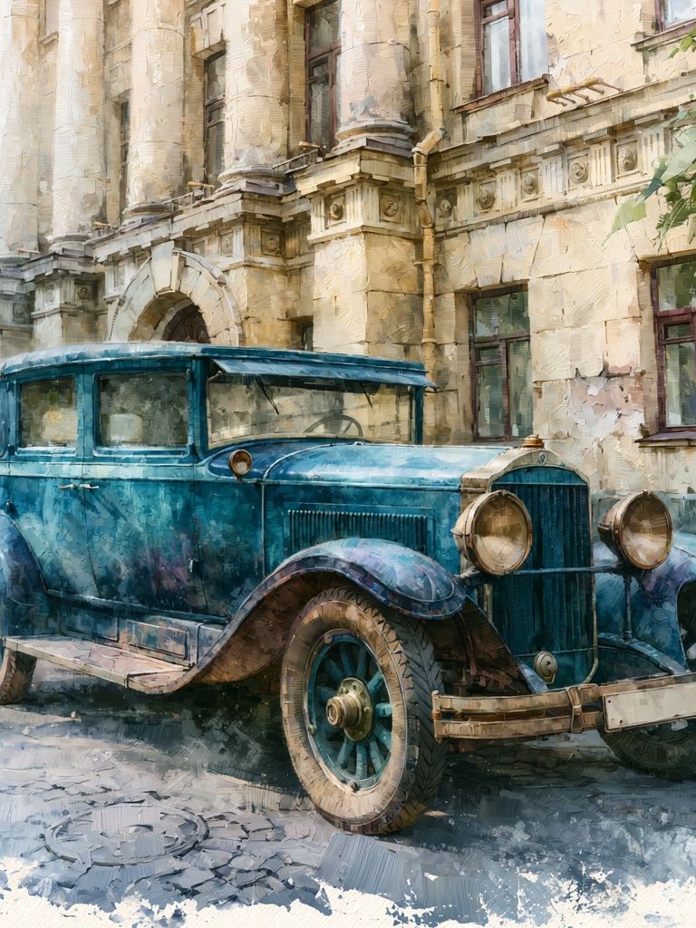 Vintage Blue Car Street Scene Poster. poster — vintage art