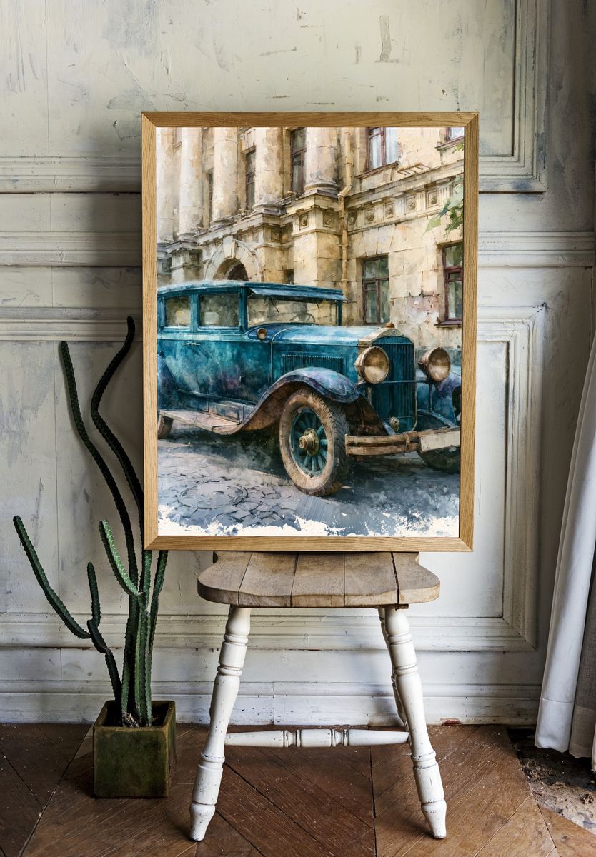 Vintage Blue Car Street Scene Poster. — room view 1