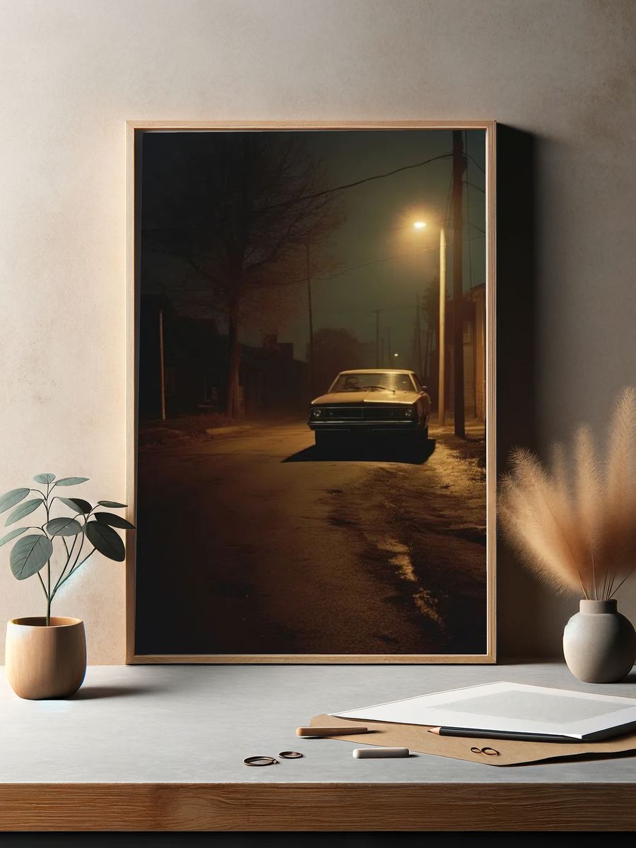 Vintage Car at Night — Photography Print. — room view 2