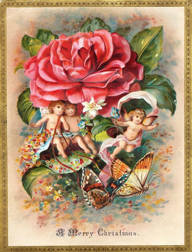 Vintage Christmas Cherubs and Rose Poster. poster — vintage art