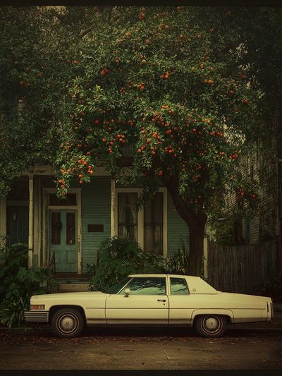 Classic Car Under Orange Tree — Vintage Print. poster
