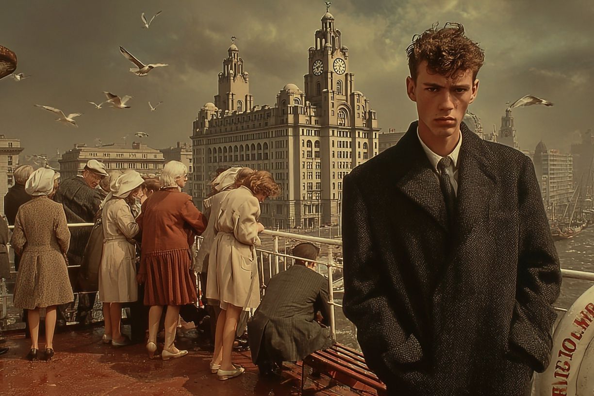 Vintage Cityscape with Man — Fine Art Print. poster detail