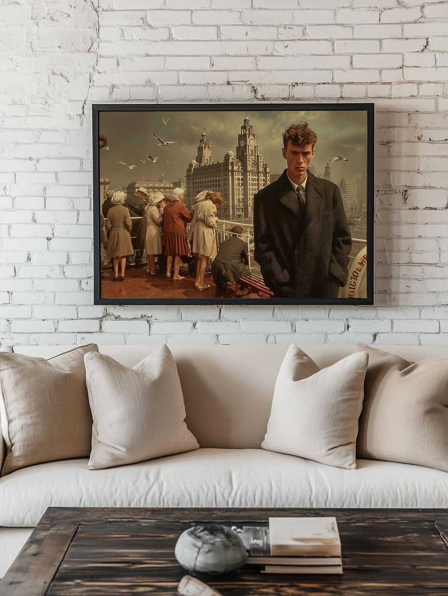 Vintage Cityscape with Man — Fine Art Print. room preview