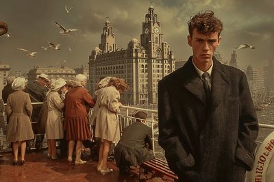 Vintage Cityscape with Man — Fine Art Print. poster