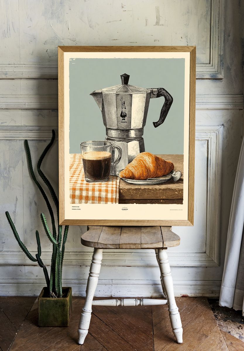 Coffee and Croissant — Vintage Print. — room view 1