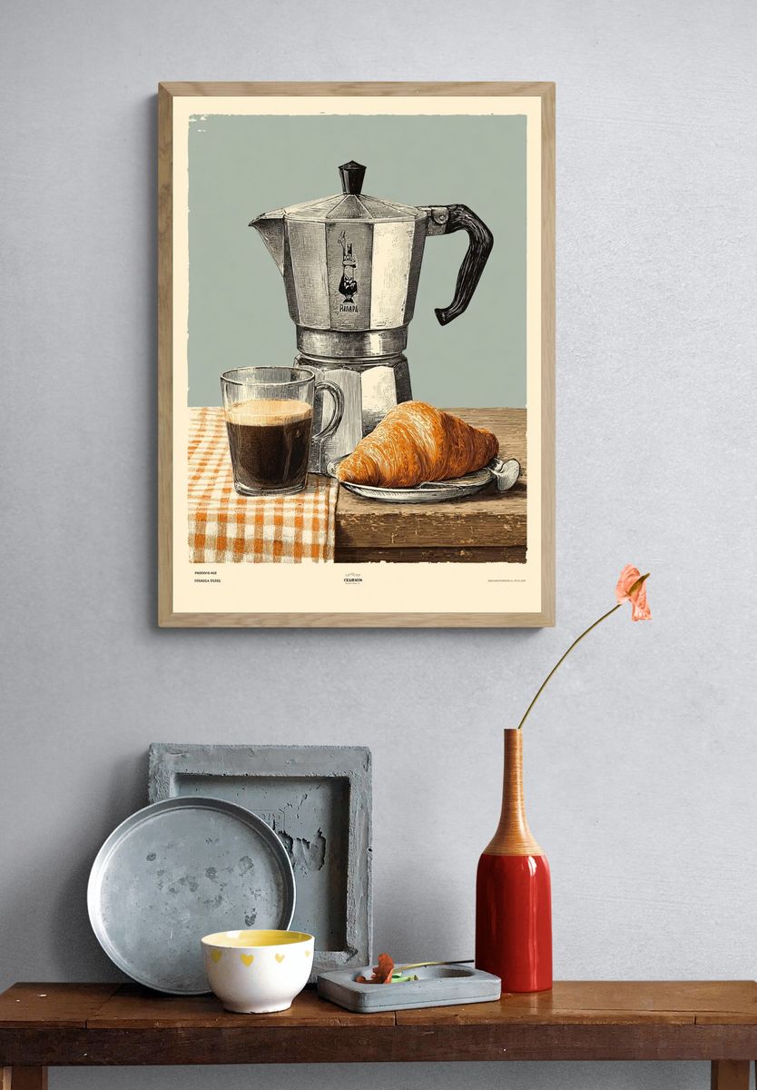 Coffee and Croissant — Vintage Print. — room view 3