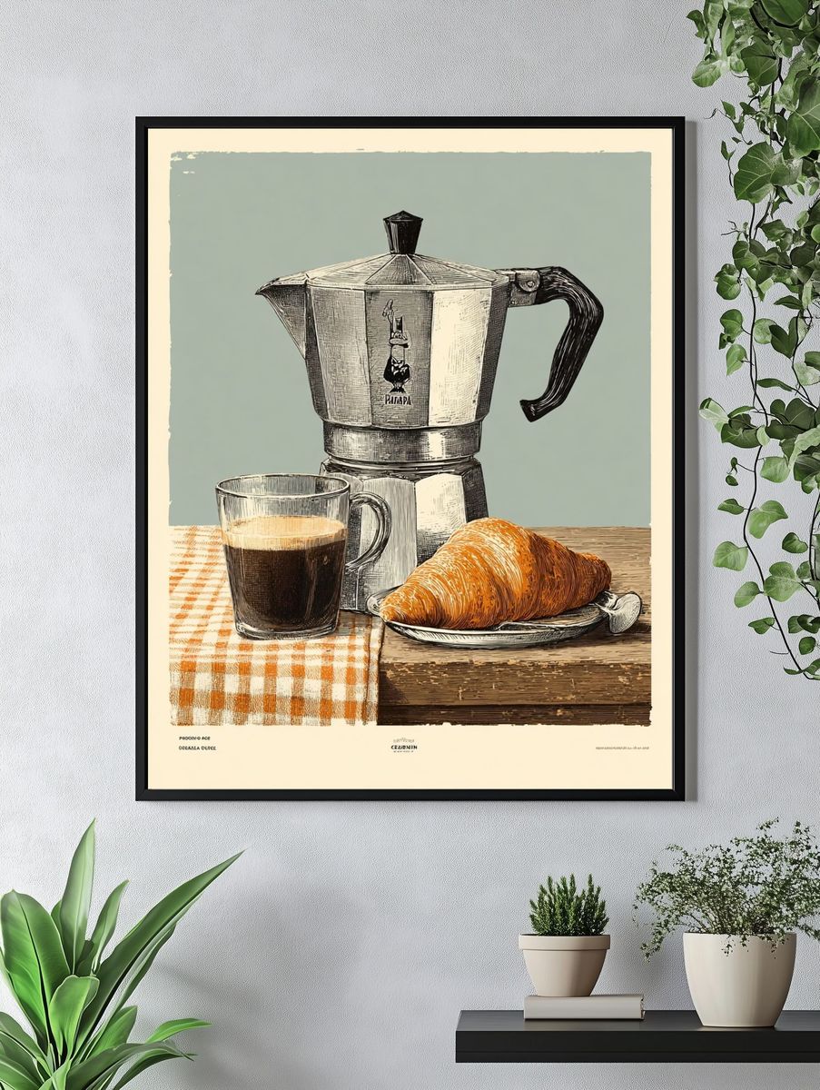 Coffee and Croissant — Vintage Print. — room view 4