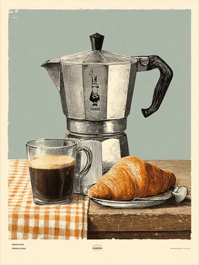 Coffee and Croissant — Vintage Print. poster print