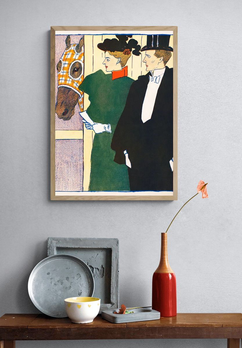 Elegant Couple with Horse — Vintage Print. — room view 3
