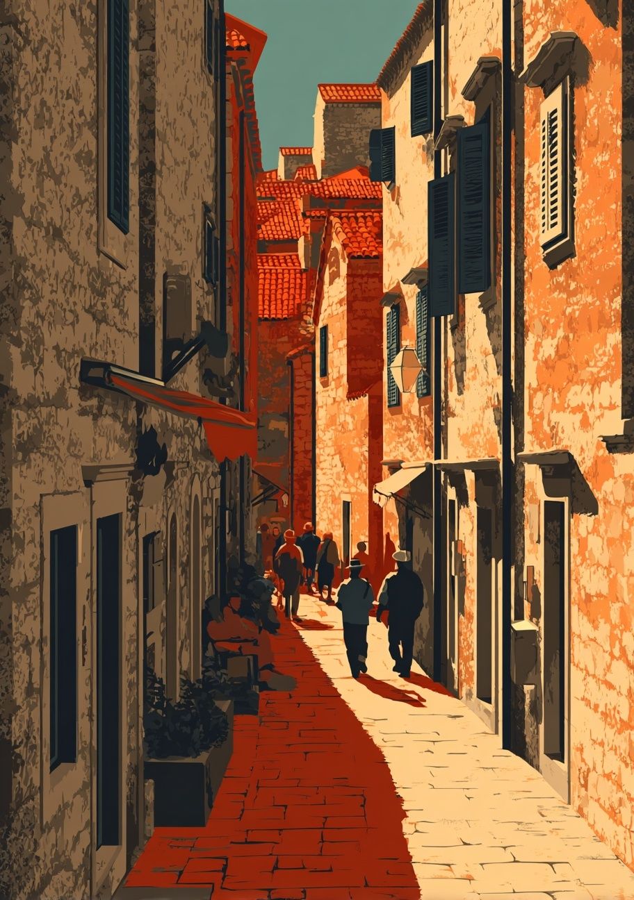 Charming Cobblestone Alley — Vintage Print. poster detail