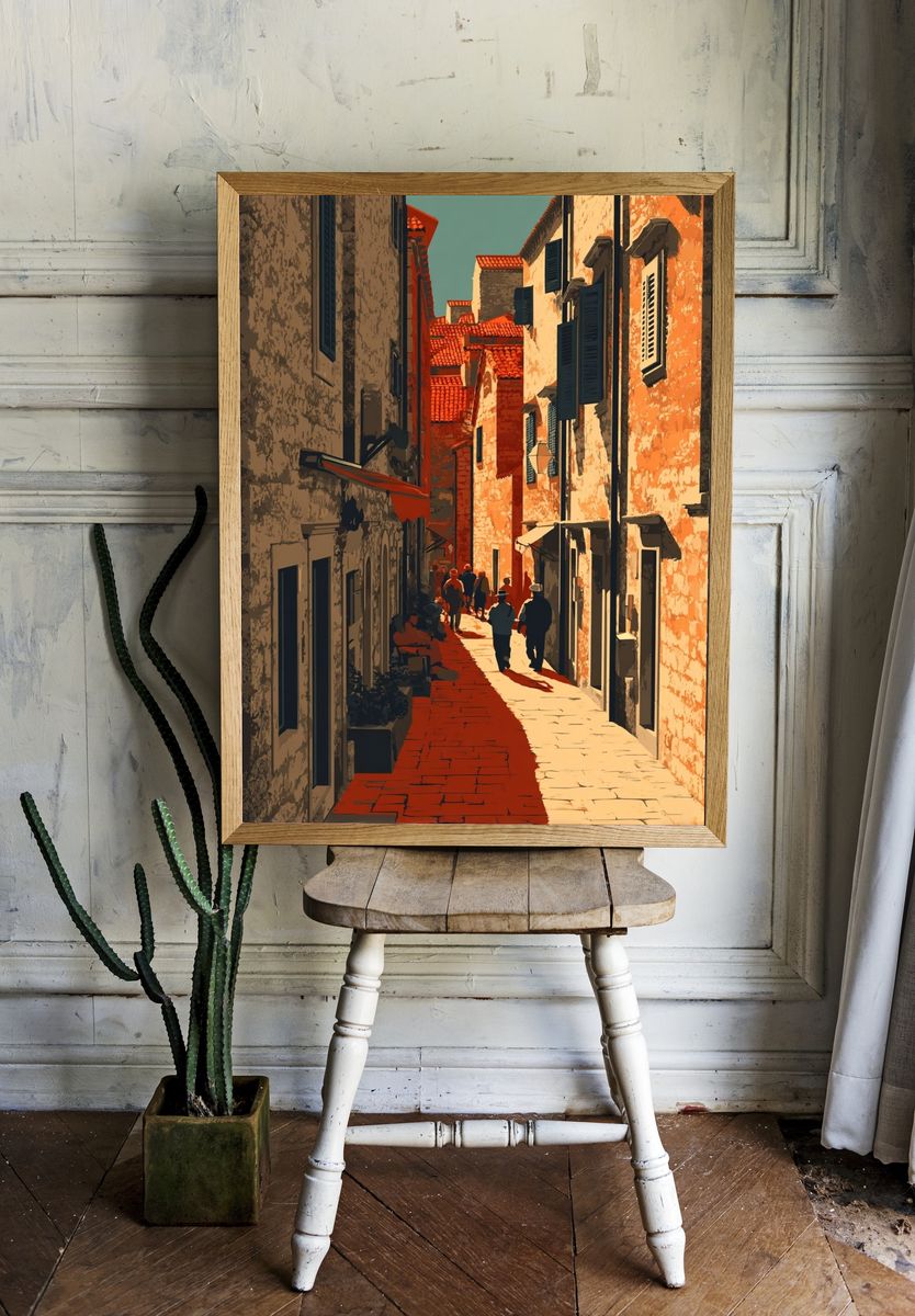 Charming Cobblestone Alley — Vintage Print. room preview