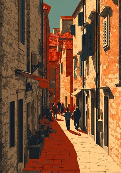 Charming Cobblestone Alley — Vintage Print. poster