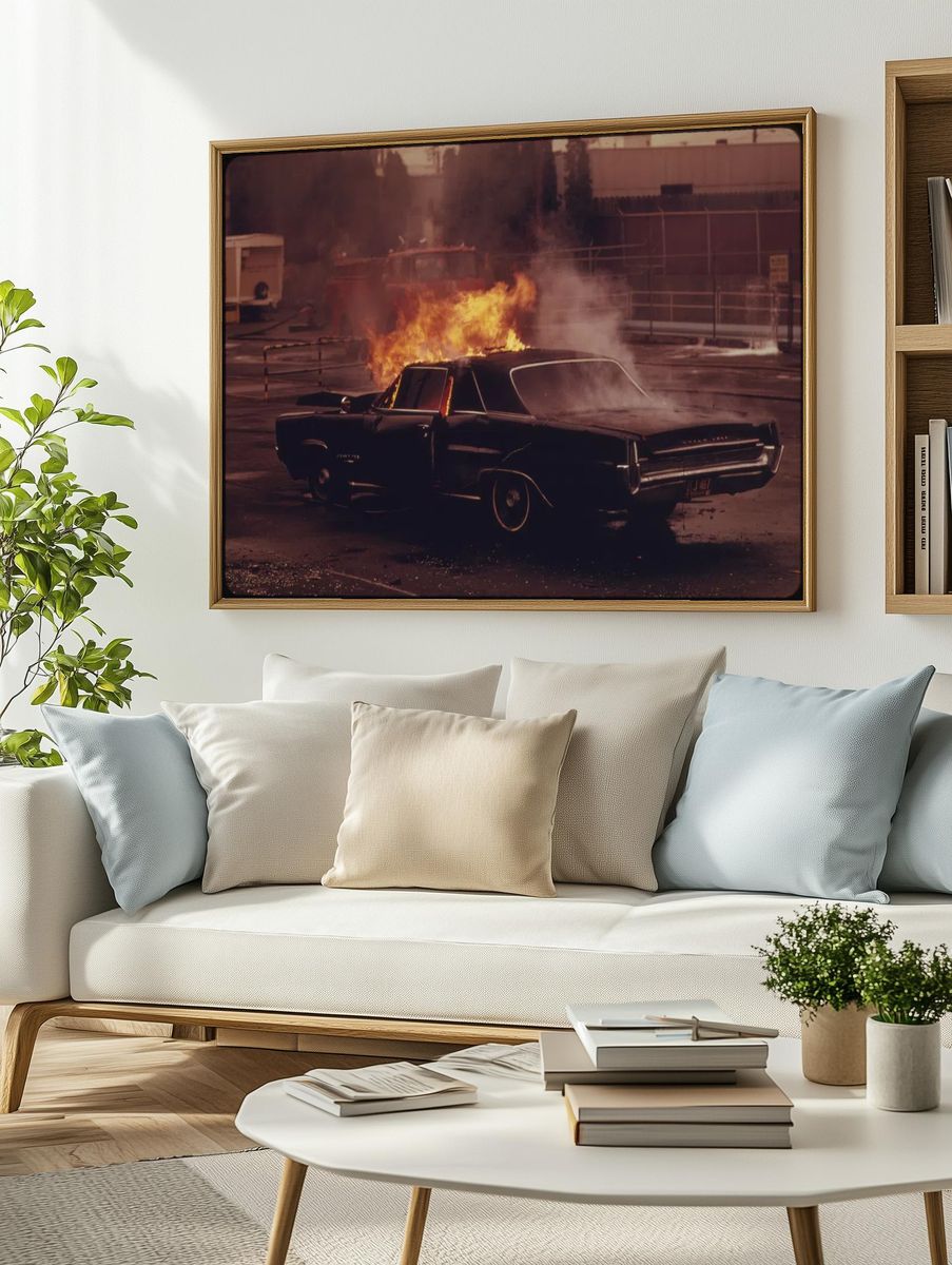 Burning Classic Car — Vintage Print. — room view 2