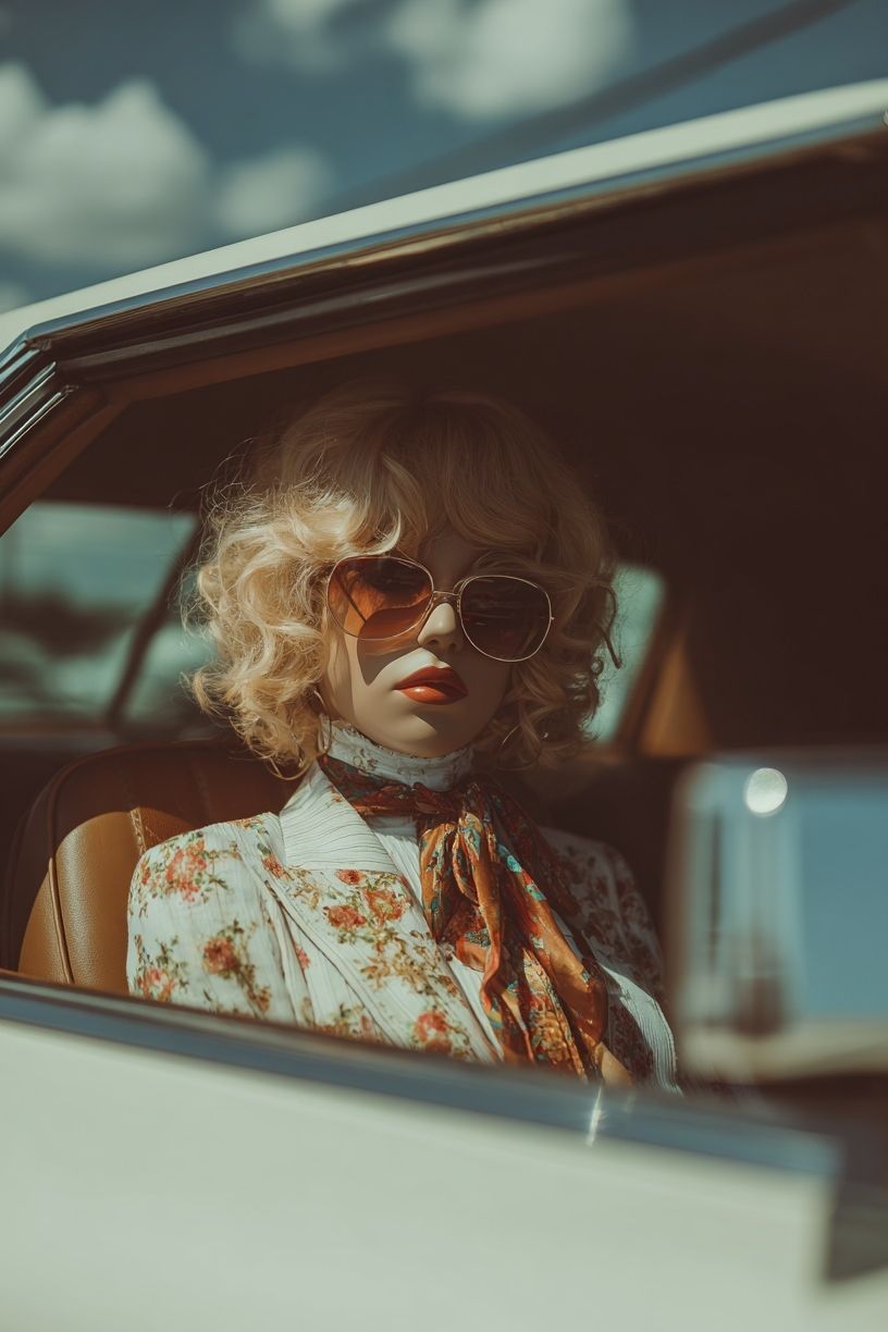 Vintage Doll in Classic Car — Photography Print. poster — photography art