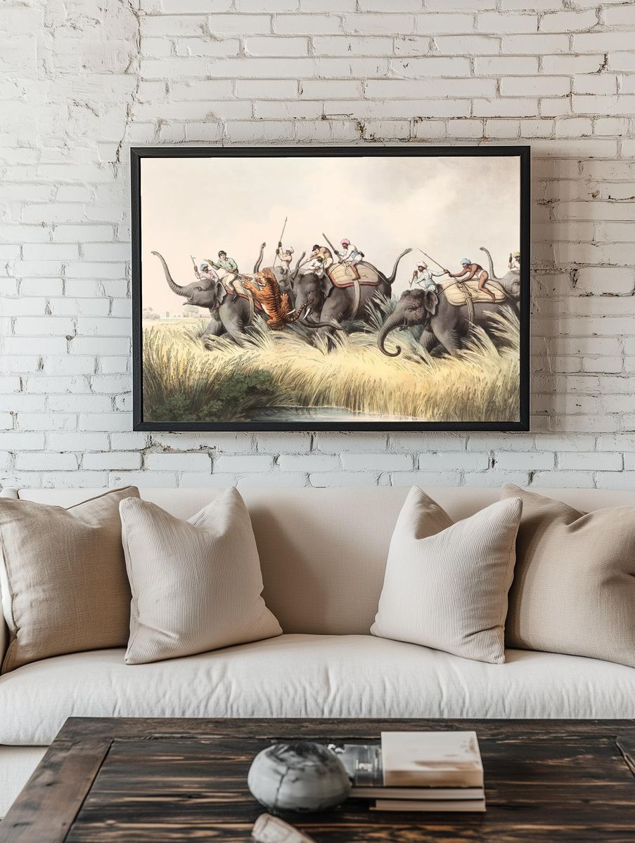 Elephant Hunt Vintage Illustration Poster. — room view 1