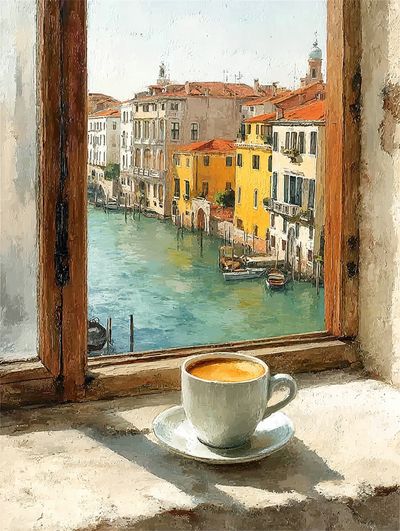 Venetian Window with Coffee — Fine Art Print. poster