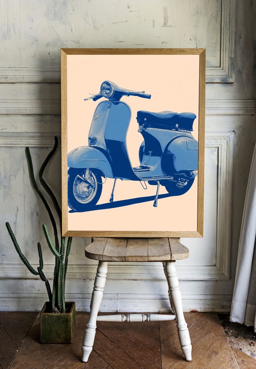Blue Vespa Vintage Print room preview
