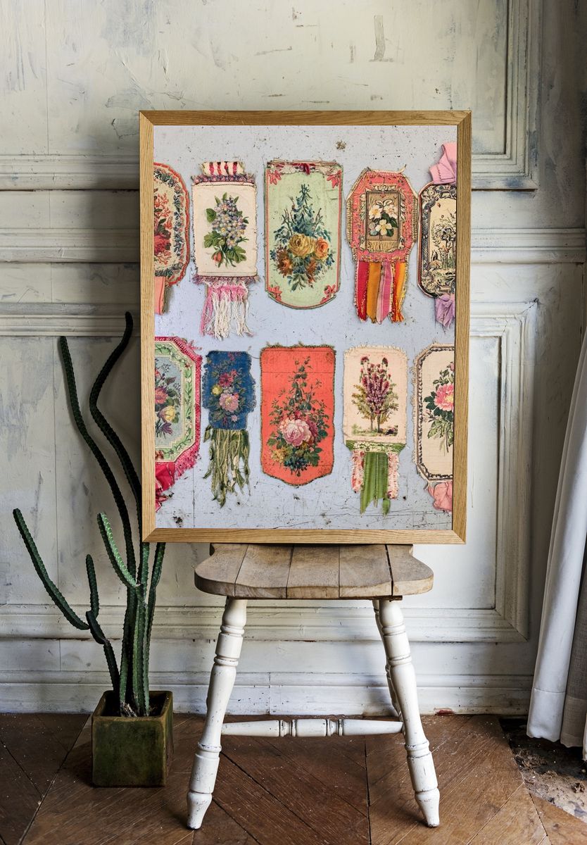 Vintage Floral Textile Tags Poster. — room view 1