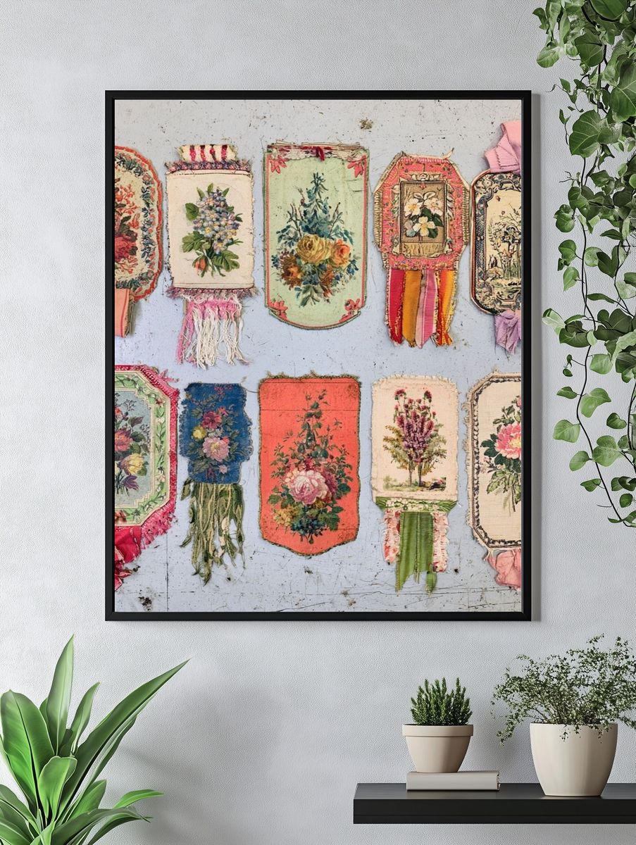 Vintage Floral Textile Tags Poster. — room view 4