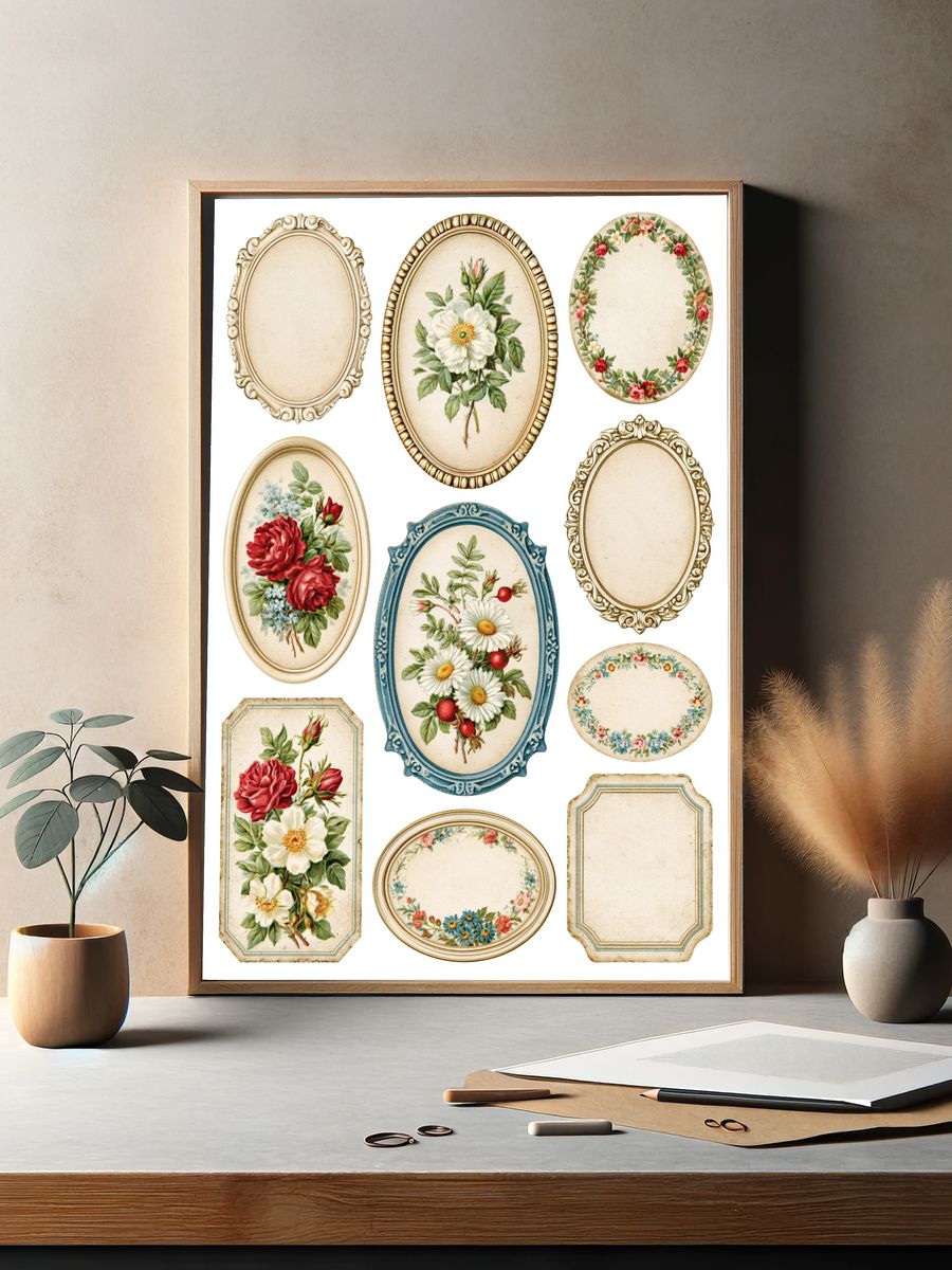 Vintage Floral Label Collage Poster. — room view 2