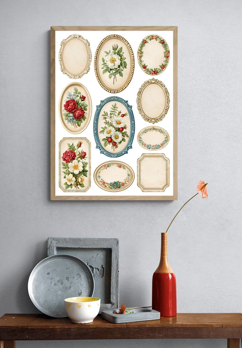 Vintage Floral Label Collage Poster. — room view 3