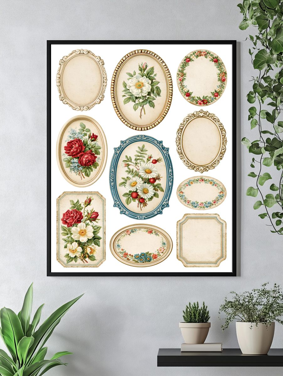Vintage Floral Label Collage Poster. — room view 4