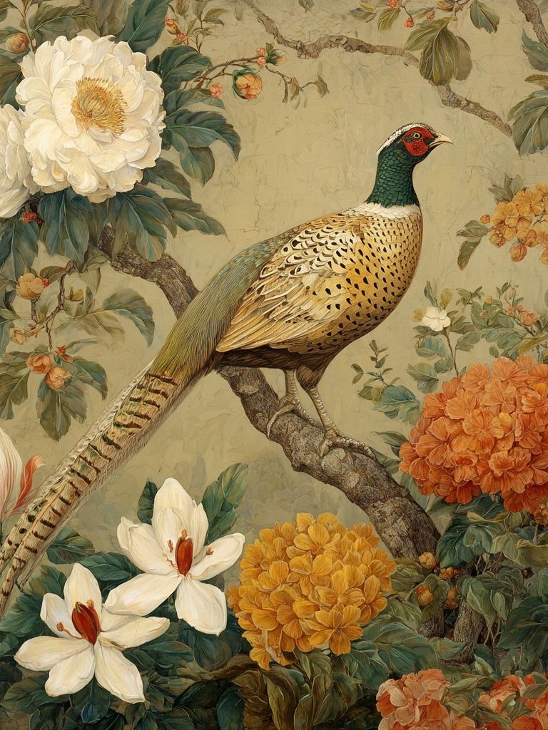 Pheasant and Flowers — Vintage Print. poster detail