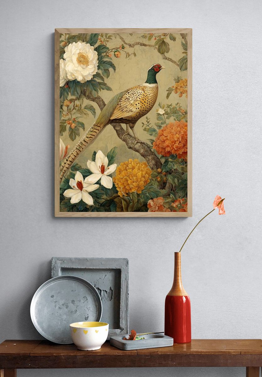 Pheasant and Flowers — Vintage Print. — room view 3