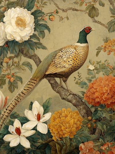 Pheasant and Flowers — Vintage Print. poster print