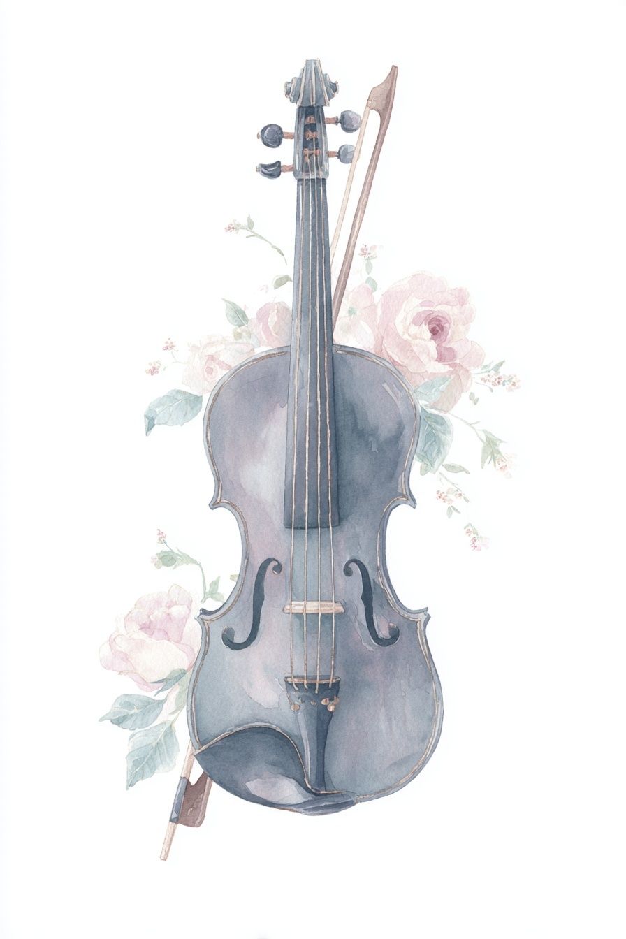 Violin with Floral Accents — Watercolor Print. poster — illustration art