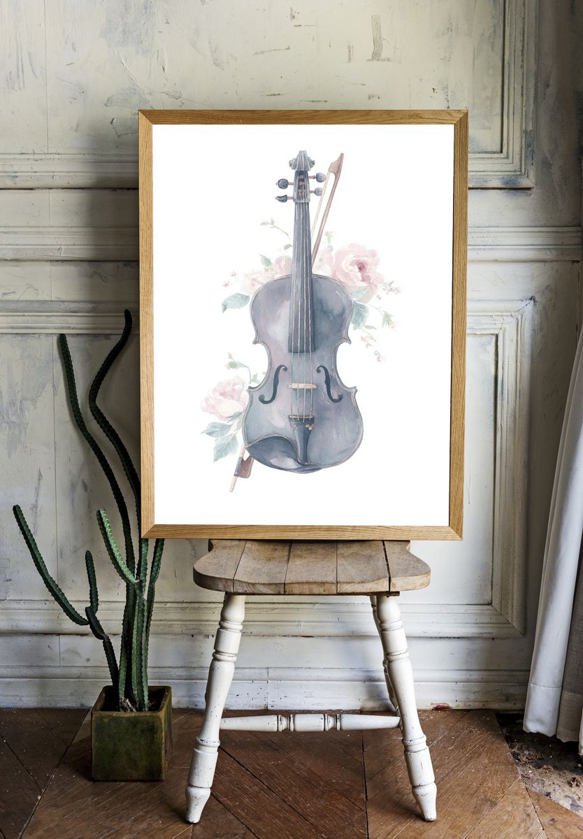 Violin with Floral Accents — Watercolor Print room preview