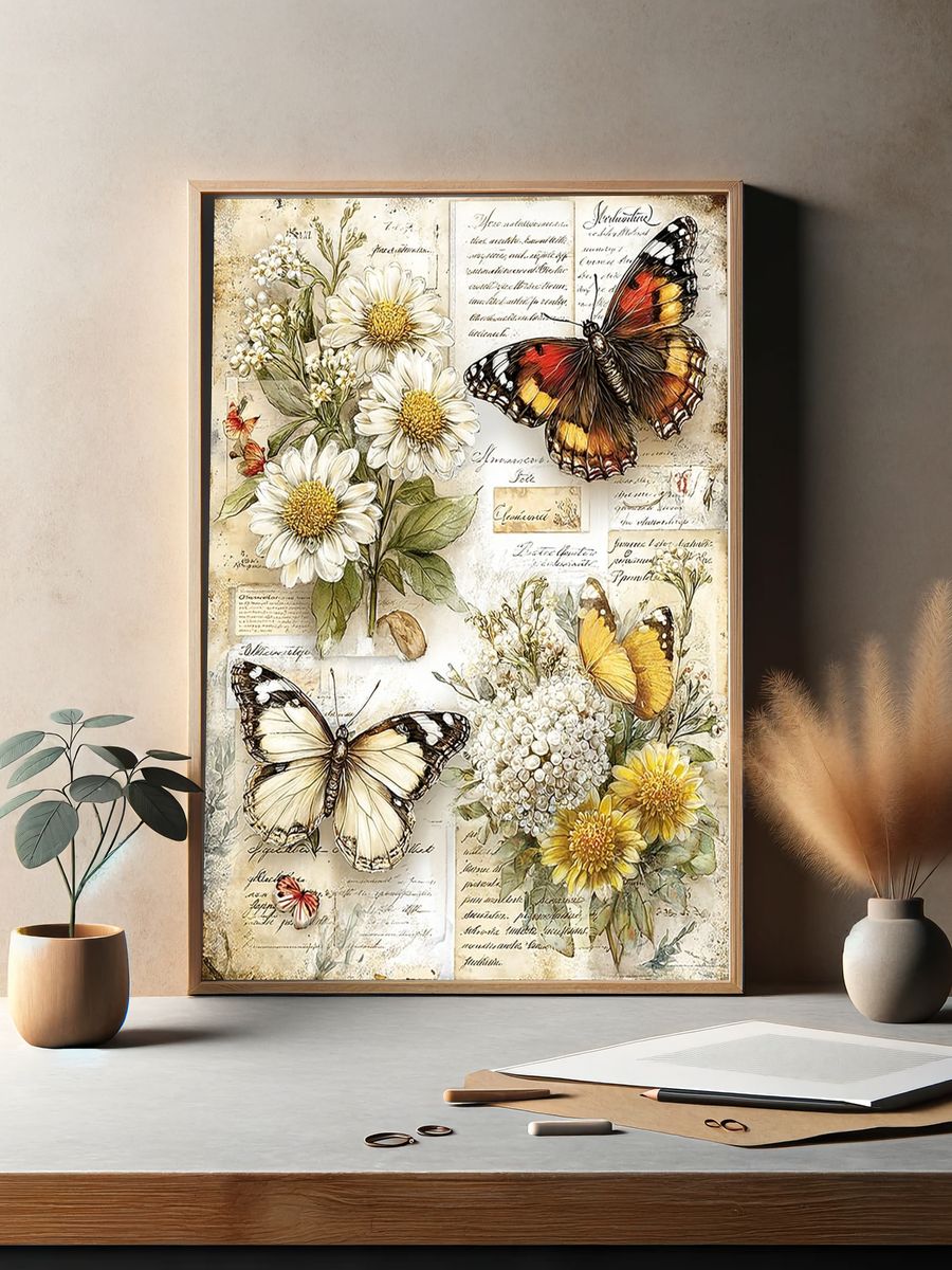 Butterflies and Flowers — Vintage Print. — room view 2