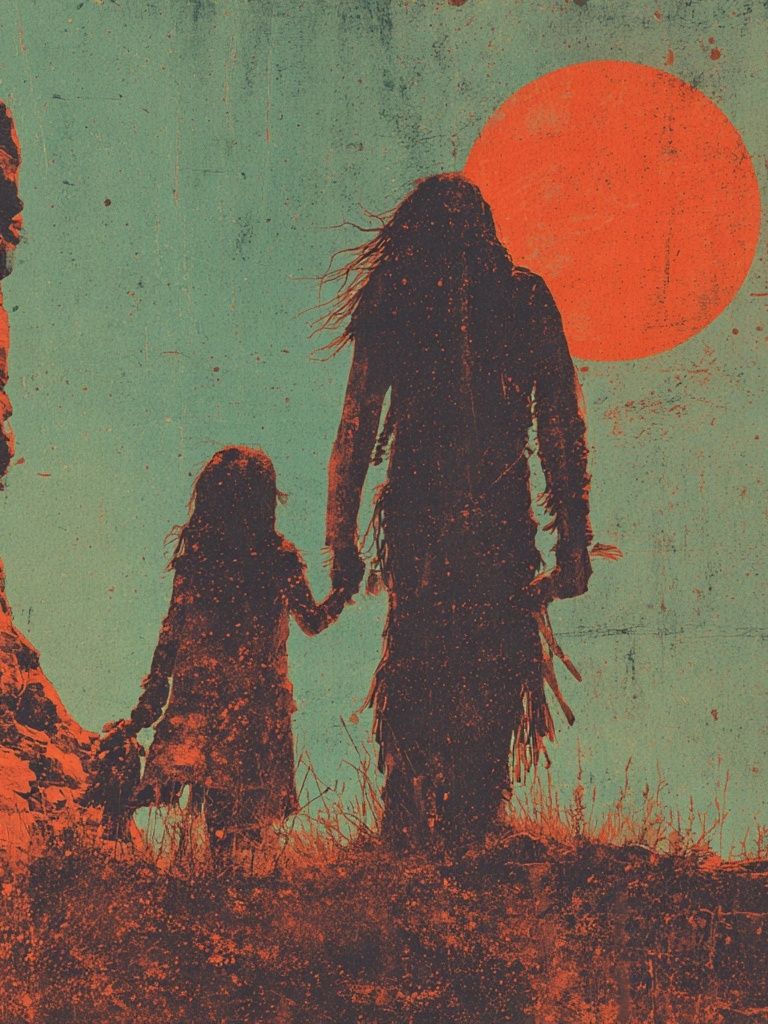 Silhouette of Family at Sunset — Vintage Print. poster — vintage art