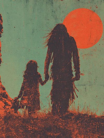 Silhouette of Family at Sunset — Vintage Print. poster print