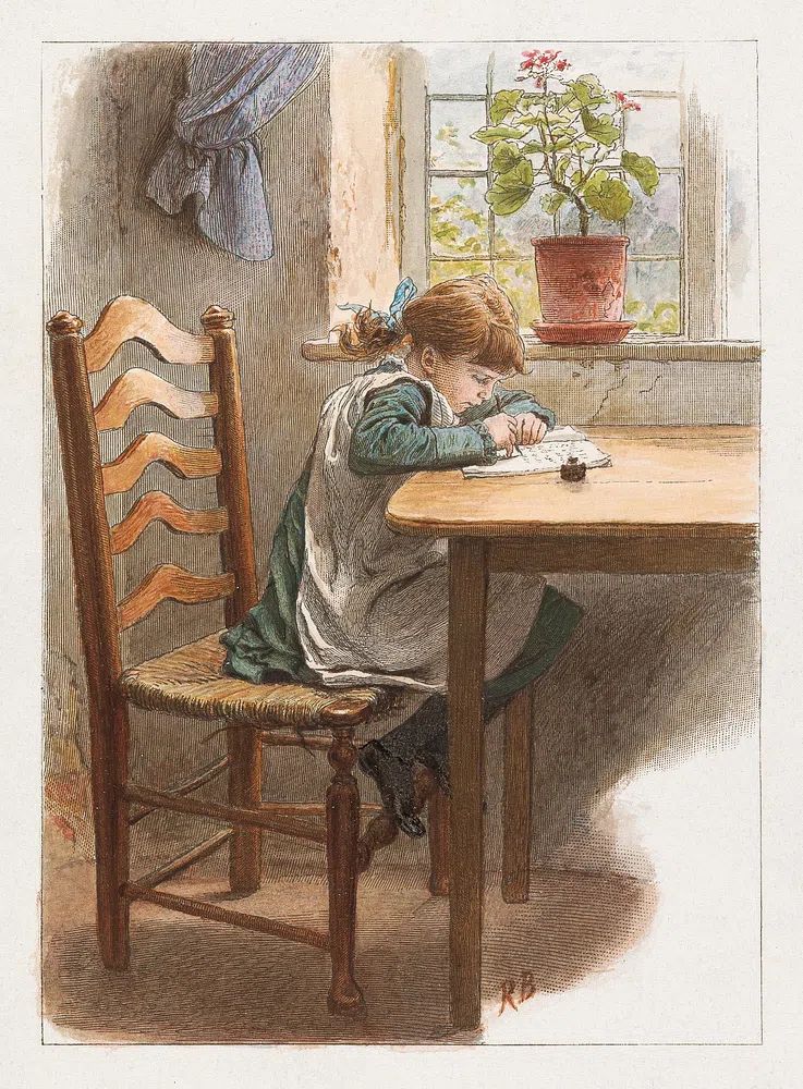 Young Girl Writing — Vintage Print. poster detail
