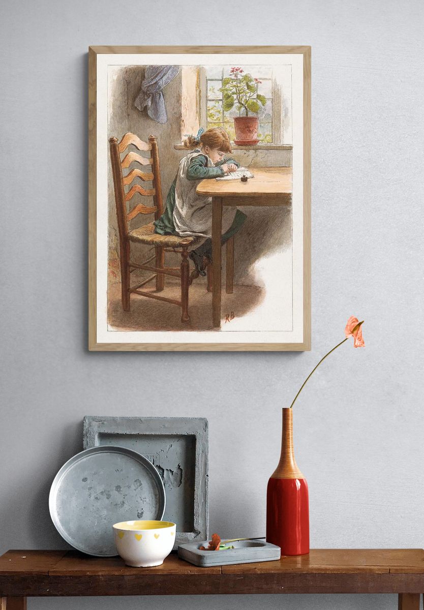 Young Girl Writing — Vintage Print. — room view 3