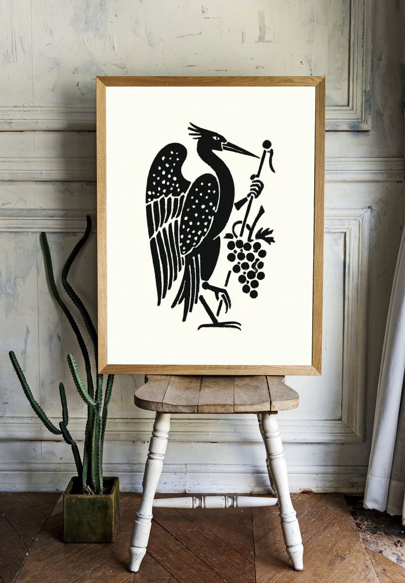 Heron with Grapes — Vintage Print. — room view 1